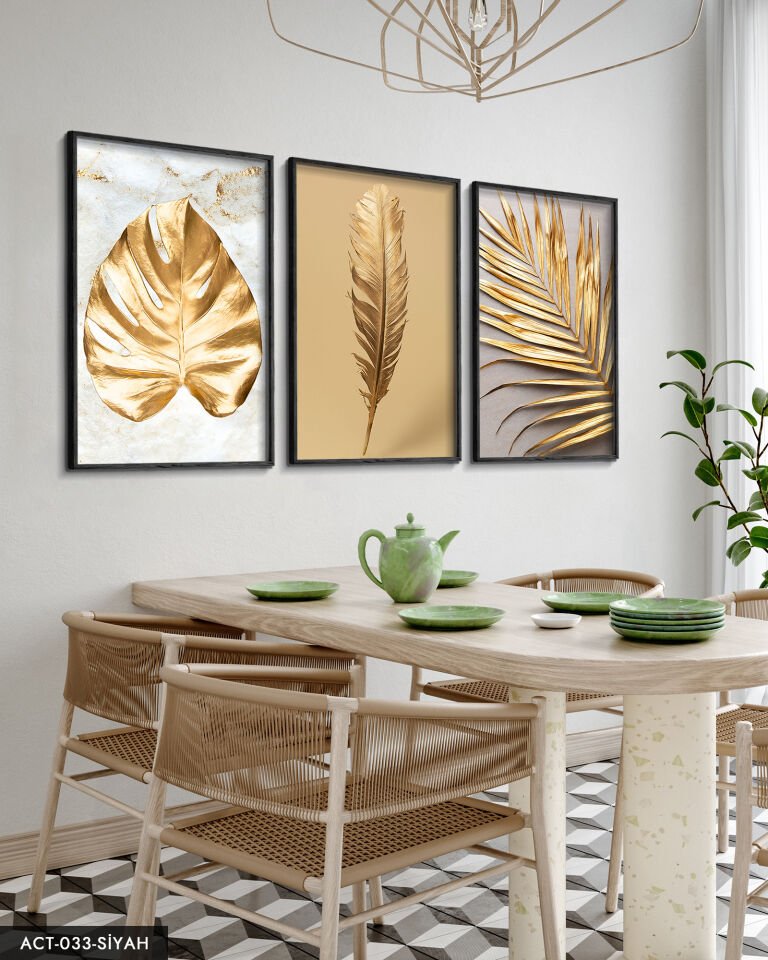 Gold Yaprak Tüy 3 Parça Ahşap Çerçeveli Tablo ACT Siyah - 50 x 70 CM