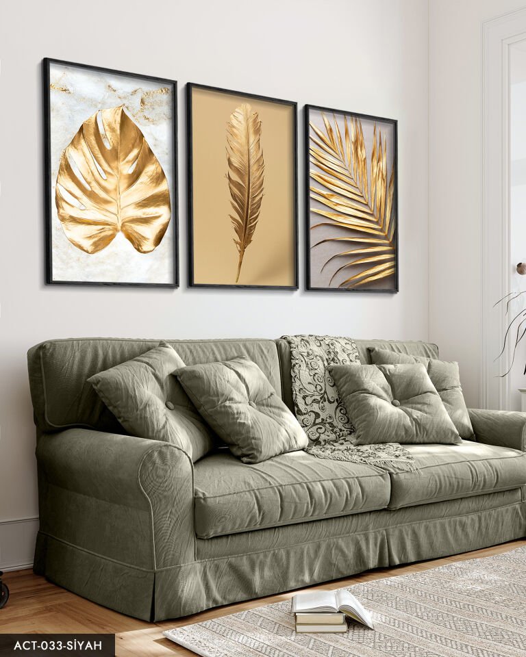 Gold Yaprak Tüy 3 Parça Ahşap Çerçeveli Tablo ACT Siyah - 50 x 70 CM