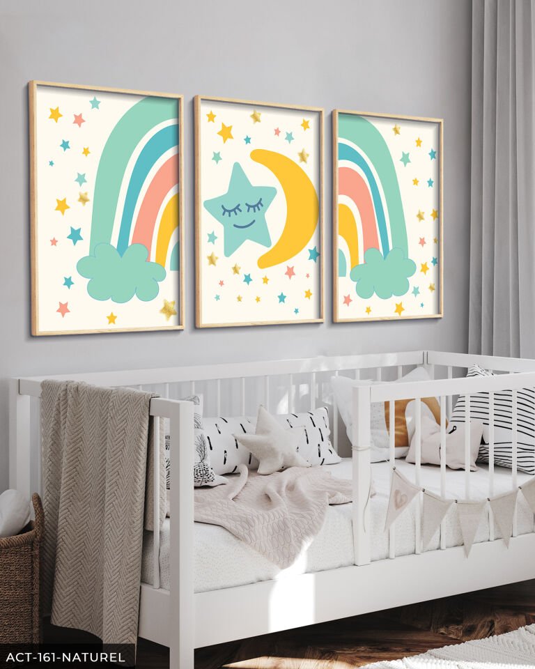 Renkli Yıldızlar ve Gökkuşağı 3 Parça Ahşap Çerçeveli Tablo ACT Naturel - 30 x 40 CM