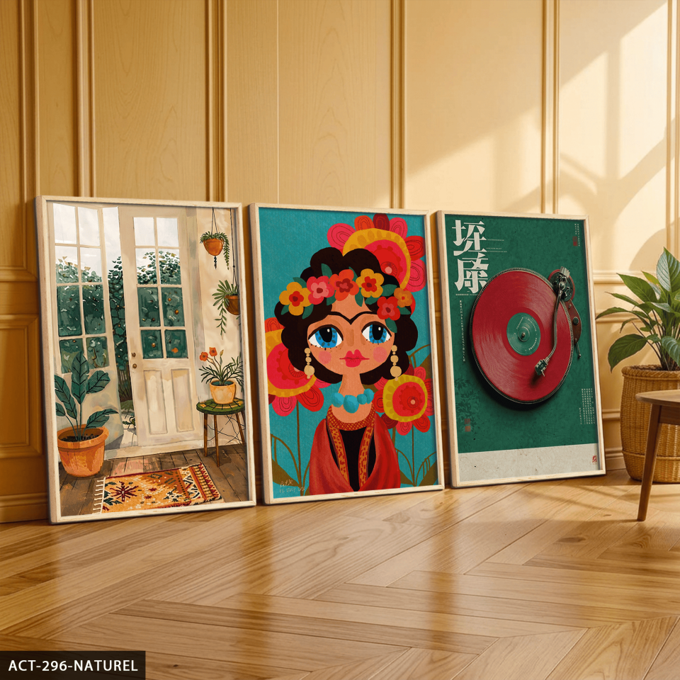 Frida Kahlo Temalı 3 Parça Ahşap Çerçeveli Tablo ACT Naturel - 40 x 60 CM