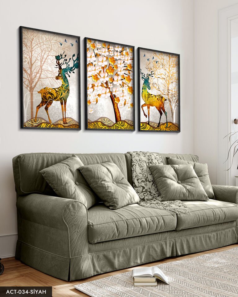 Renkli Geyik, Renkli Ağaç 3 Parça Ahşap Çerçeveli Tablo ACT Siyah - 50 x 70 CM