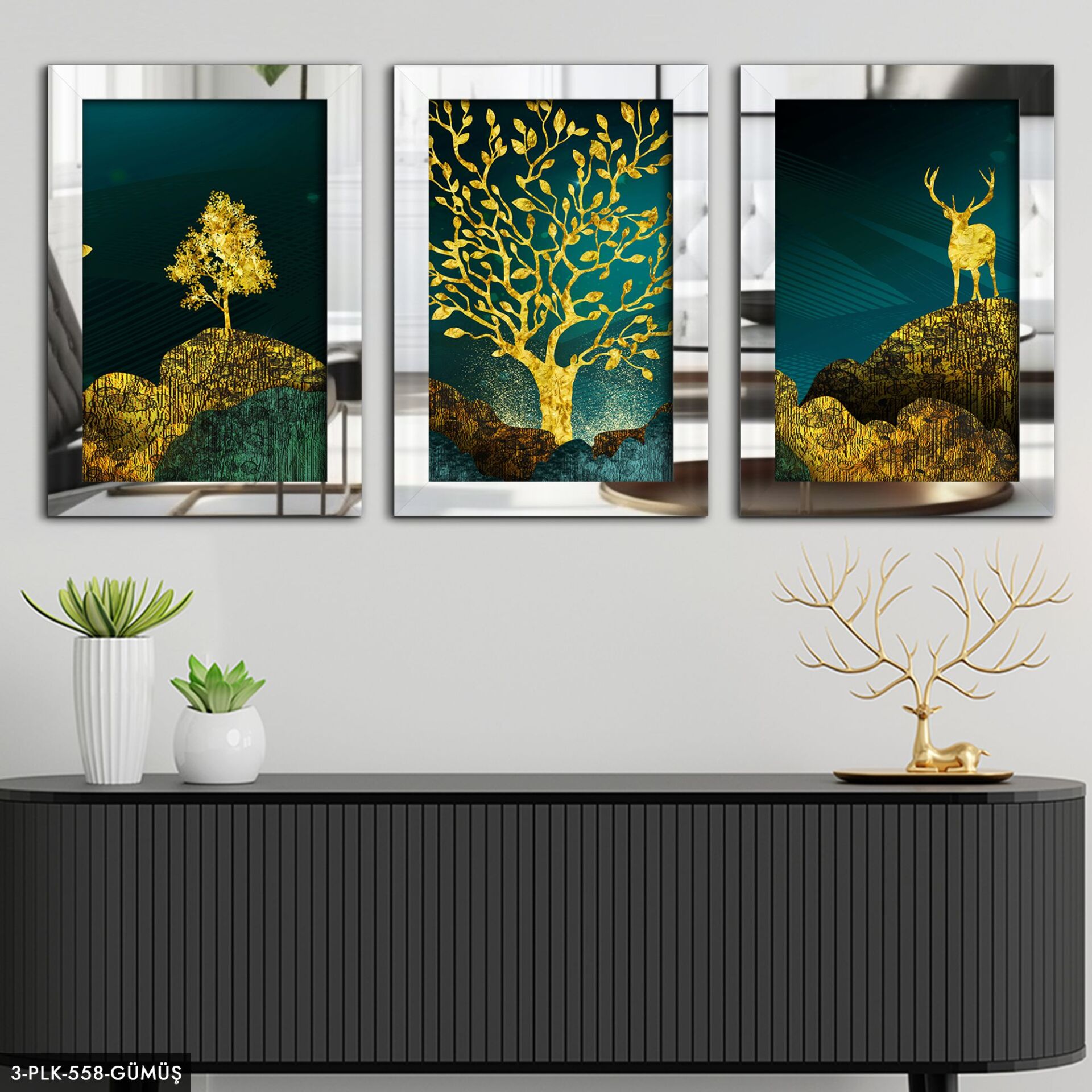 Soyut Doğa 3 Parça Pleksi Aynalı Tablo 20 x 30 CM - Gümüş