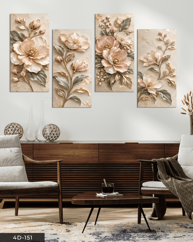 Dokulu Görünüm Soft Çiçek 4 Parçalı MDF Tablo