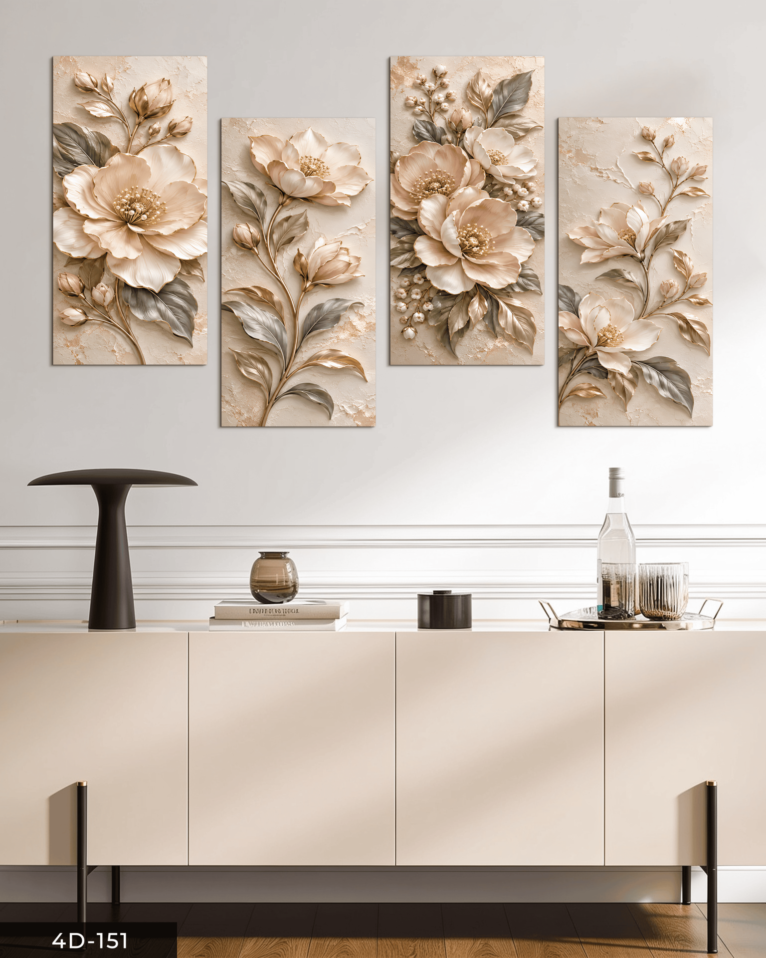 Dokulu Görünüm Soft Çiçek 4 Parçalı MDF Tablo