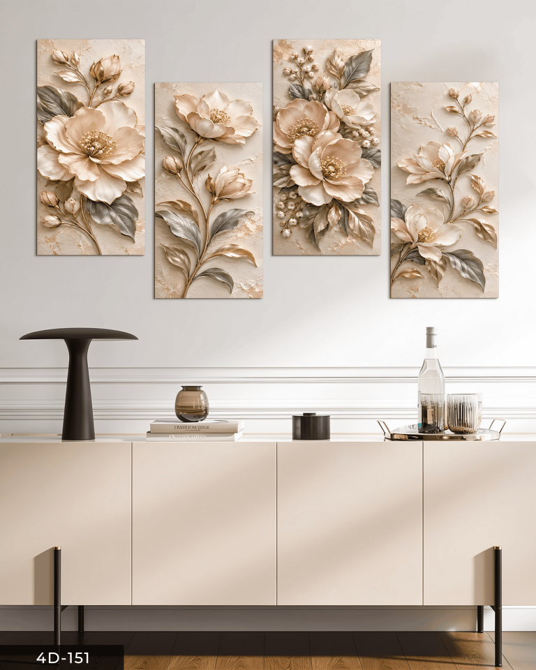 Dokulu Görünüm Soft Çiçek 4 Parçalı MDF Tablo