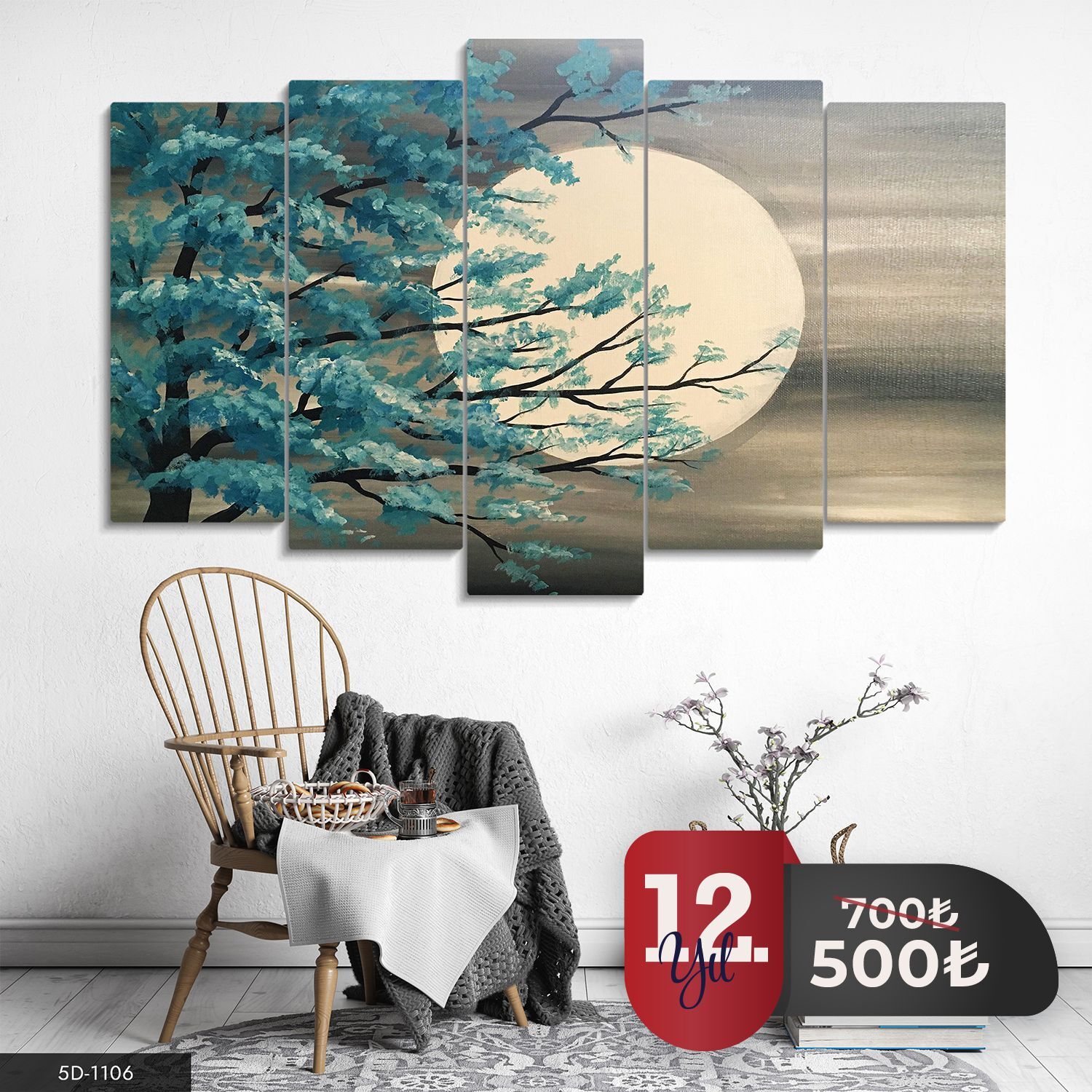 Ağaç Ay Tutulması 5 Parça Mdf Tablo 60x100 CM