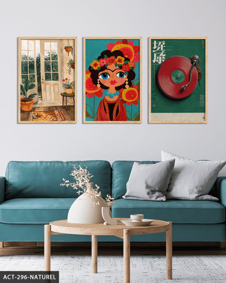 Frida Kahlo Temalı 3 Parça Ahşap Çerçeveli Tablo ACT Naturel - 50 x 70 CM