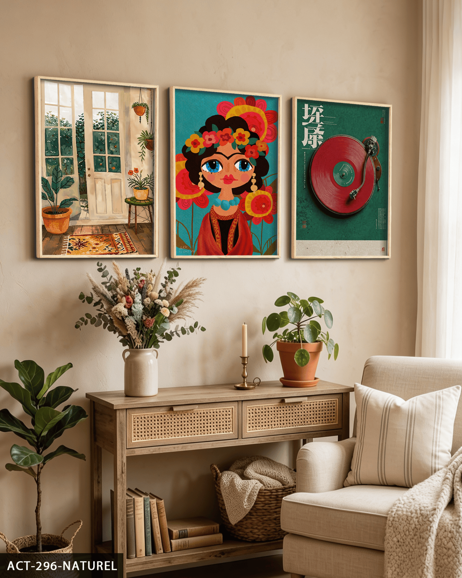 Frida Kahlo Temalı 3 Parça Ahşap Çerçeveli Tablo ACT Naturel - 50 x 70 CM