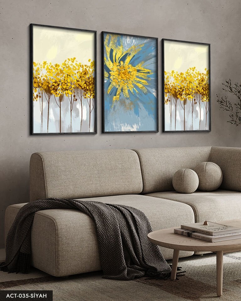 Mavi Çiçek Sulu Boya Görünümlü 3 Parça Ahşap Çerçeveli Tablo ACT Siyah - 50 x 70 CM