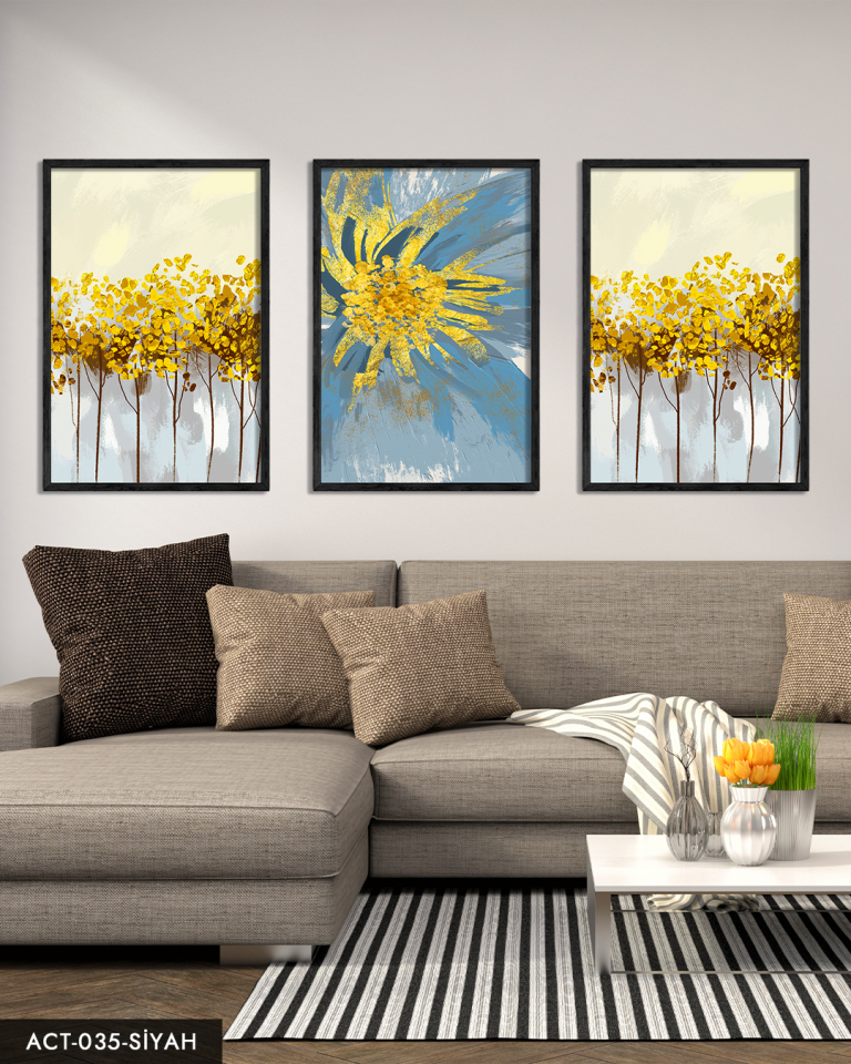 Mavi Çiçek Sulu Boya Görünümlü 3 Parça Ahşap Çerçeveli Tablo ACT Siyah - 50 x 70 CM