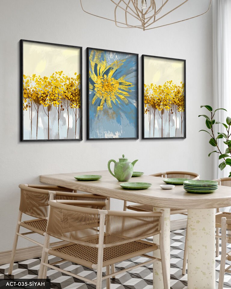Mavi Çiçek Sulu Boya Görünümlü 3 Parça Ahşap Çerçeveli Tablo ACT Siyah - 50 x 70 CM