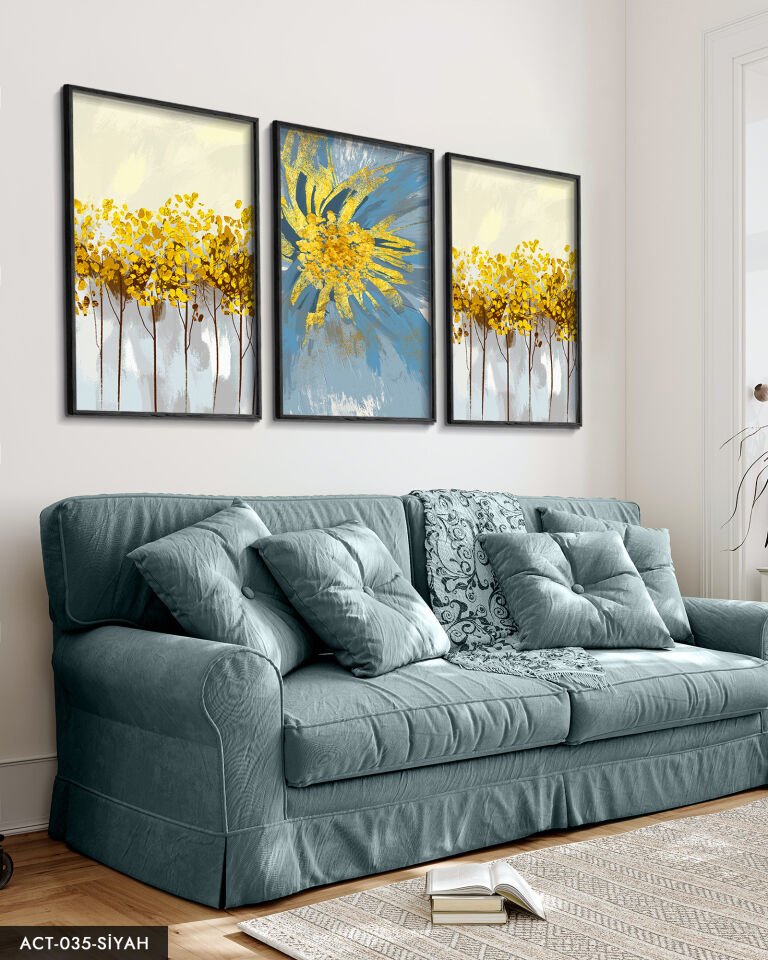 Mavi Çiçek Sulu Boya Görünümlü 3 Parça Ahşap Çerçeveli Tablo ACT Siyah - 50 x 70 CM