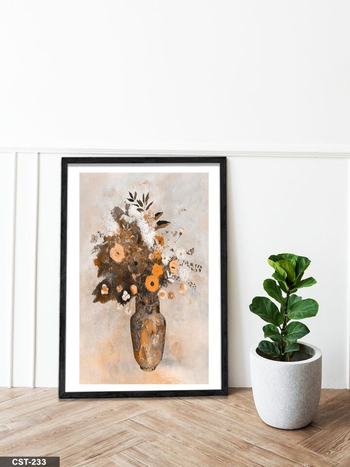 Turuncu Çiçek Vazosu Tek Parça Ahşap Çerçeveli Tablo Siyah - 20 x 30 CM