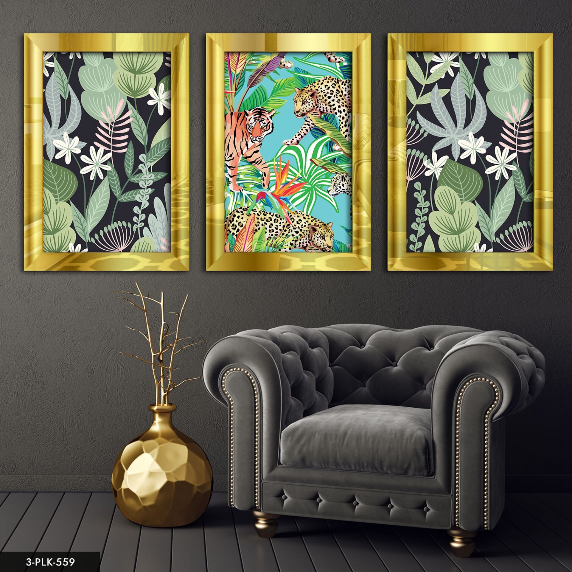 Yapraklar Doğa 3 Parça Pleksi Aynalı Tablo 20 x 30 CM - Gold