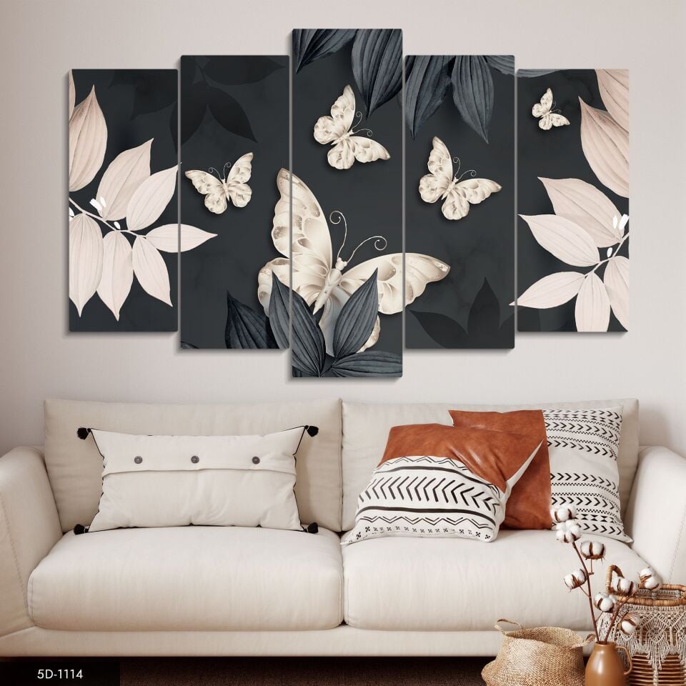 Kelebekler ve Yaprak 5 Parça Mdf Tablo 60x100 CM
