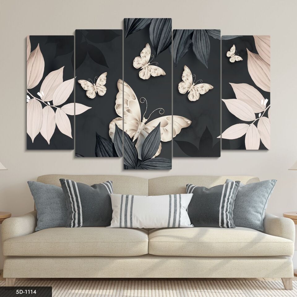 Kelebekler ve Yaprak 5 Parça Mdf Tablo 60x100 CM