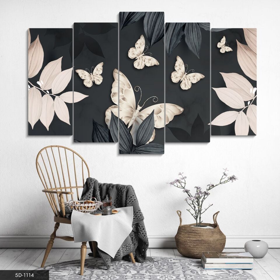 Kelebekler ve Yaprak 5 Parça Mdf Tablo 60x100 CM