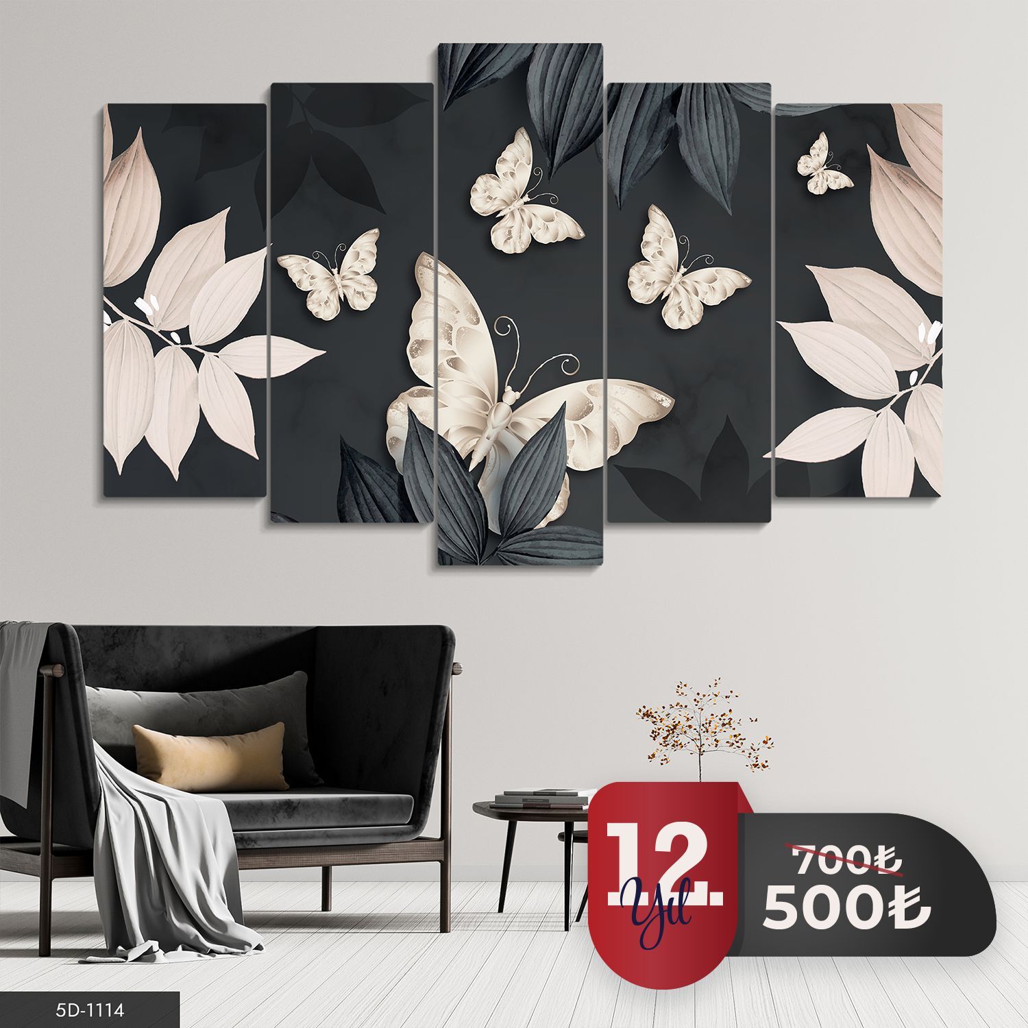 Kelebekler ve Yaprak 5 Parça Mdf Tablo 60x100 CM