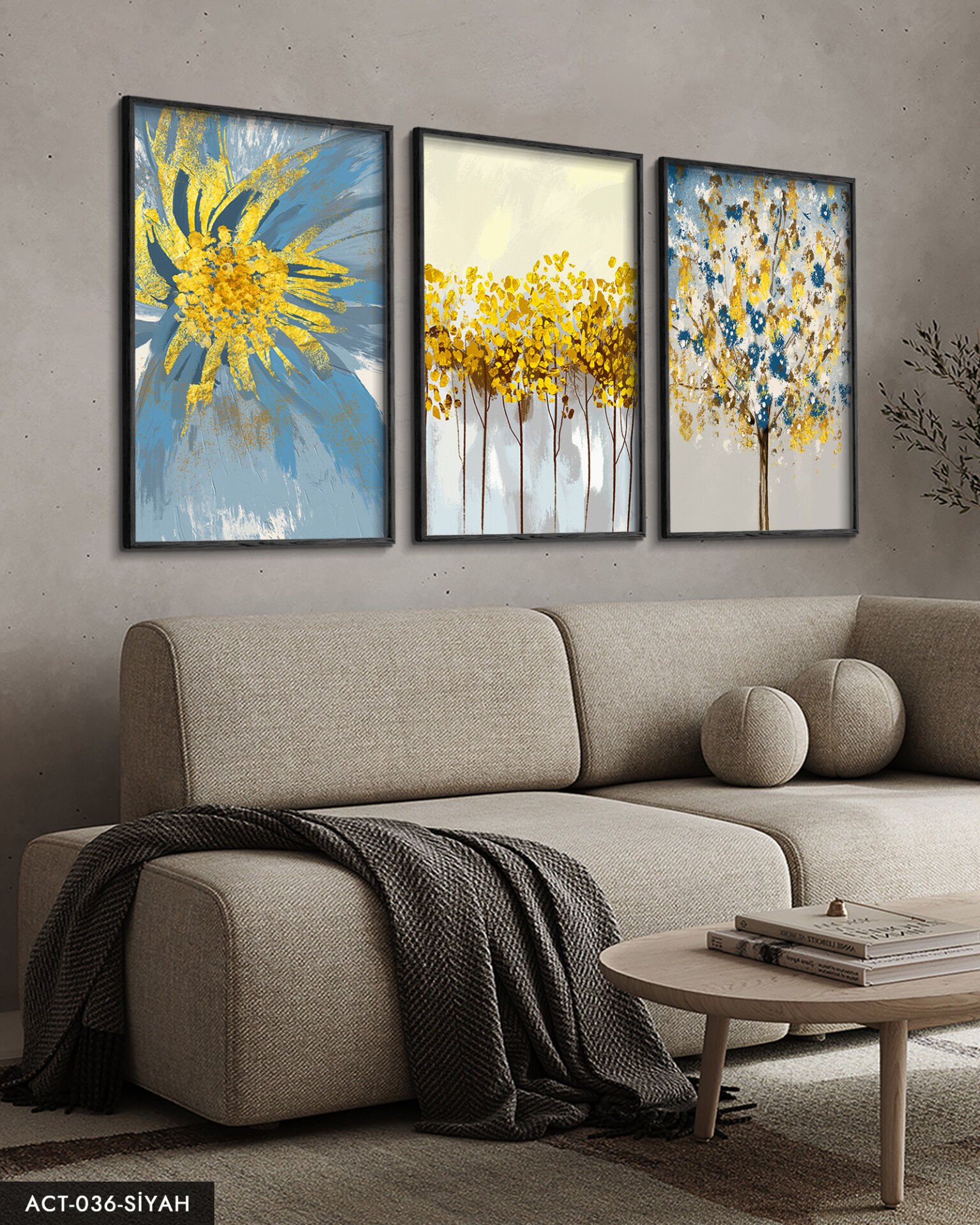 Mavi Çiçek Sulu Boya Görünümlü 3 Parça Ahşap Çerçeveli Tablo ACT Siyah - 50 x 70 CM