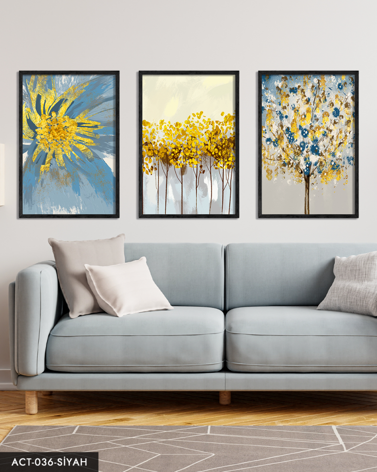 Mavi Çiçek Sulu Boya Görünümlü 3 Parça Ahşap Çerçeveli Tablo ACT Siyah - 50 x 70 CM