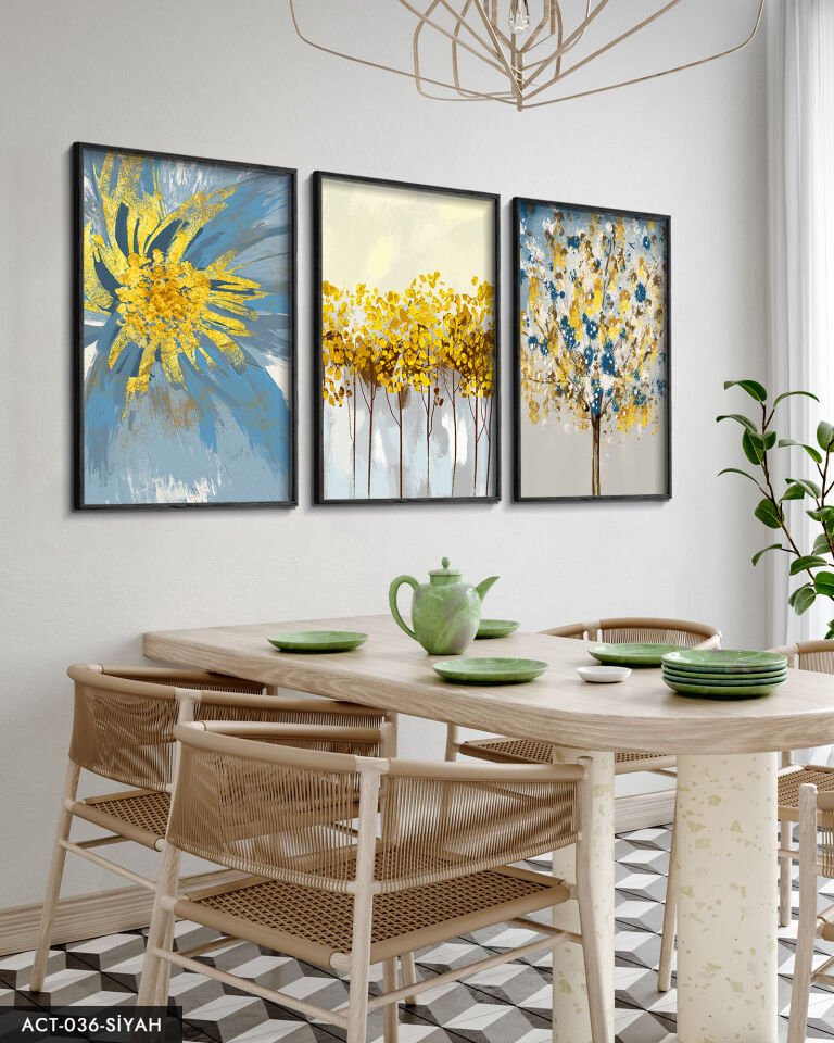 Mavi Çiçek Sulu Boya Görünümlü 3 Parça Ahşap Çerçeveli Tablo ACT Siyah - 50 x 70 CM