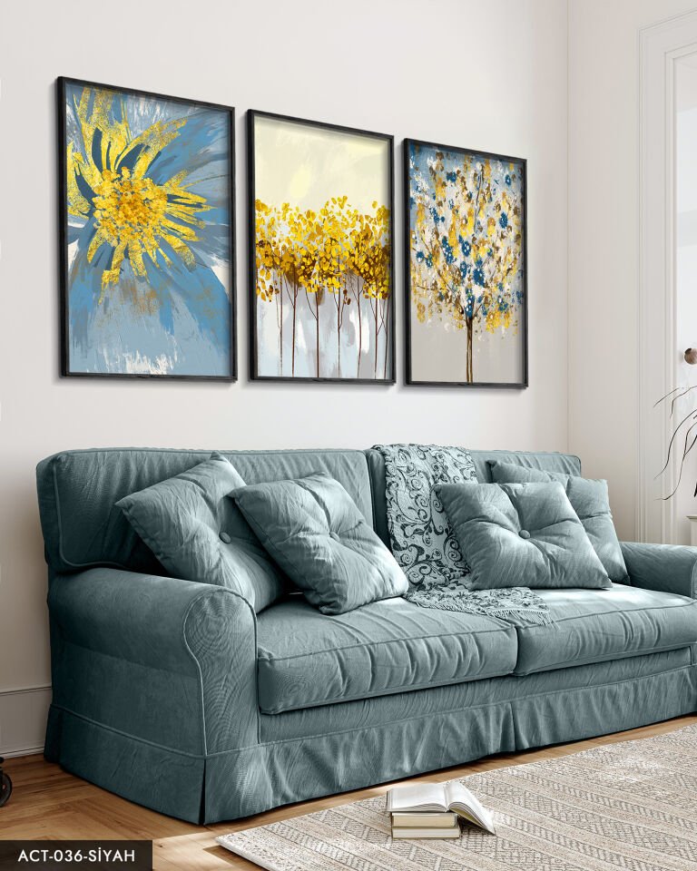 Mavi Çiçek Sulu Boya Görünümlü 3 Parça Ahşap Çerçeveli Tablo ACT Siyah - 50 x 70 CM