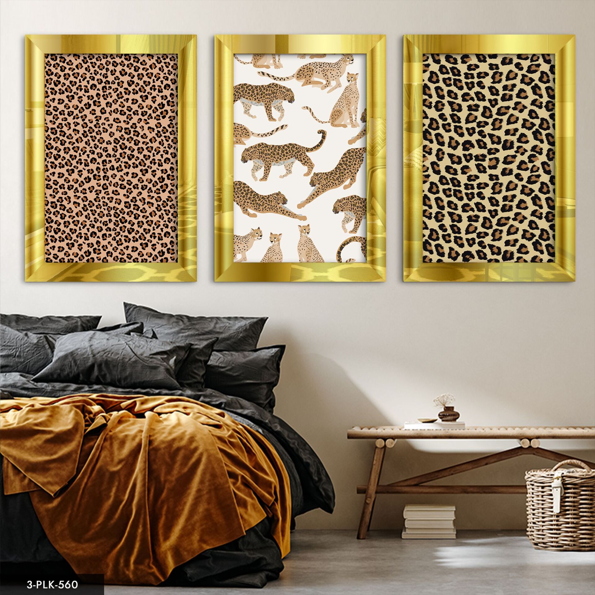 Leopar 3 Parça Pleksi Aynalı Tablo 20 x 30 CM - Gold