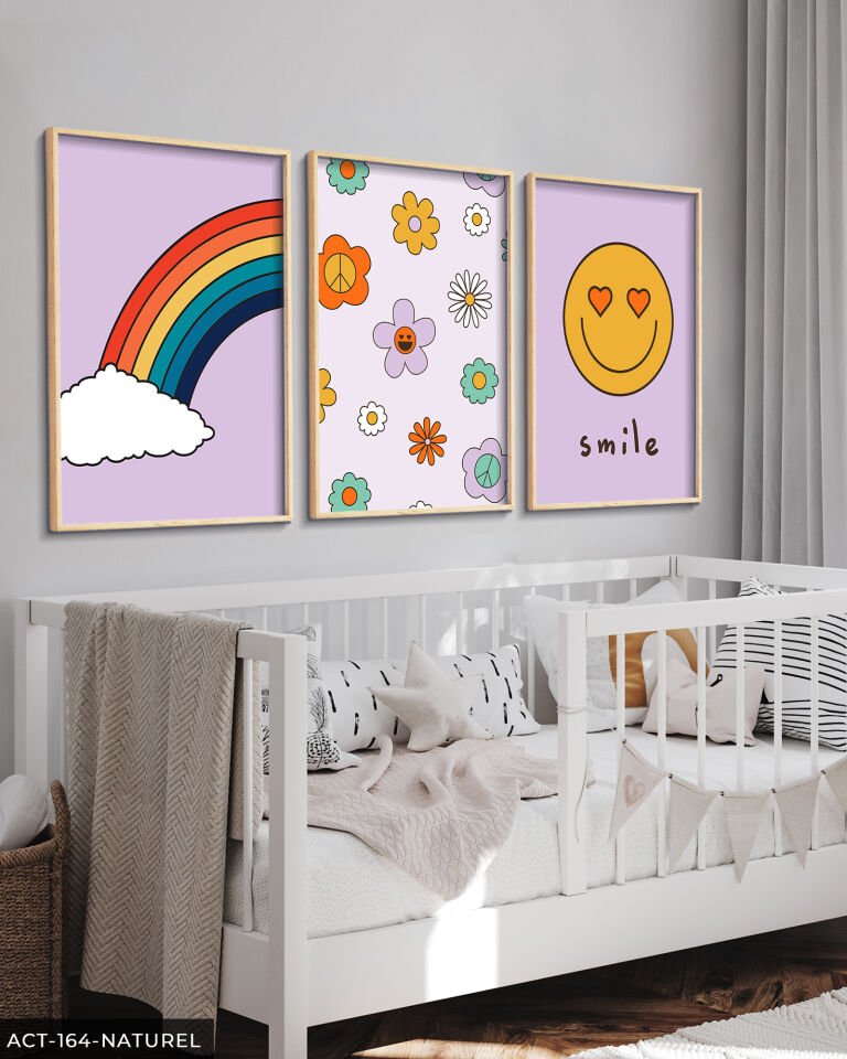 Gökkuşağı ve Gülenyüz 3 Parça Ahşap Çerçeveli Tablo ACT Naturel - 30 x 40 CM