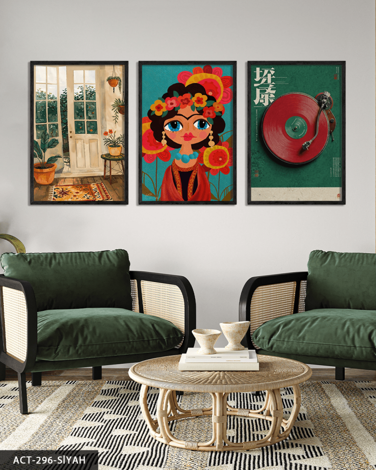 Frida Kahlo Temalı 3 Parça Ahşap Çerçeveli Tablo ACT Siyah - 40 x 60 CM