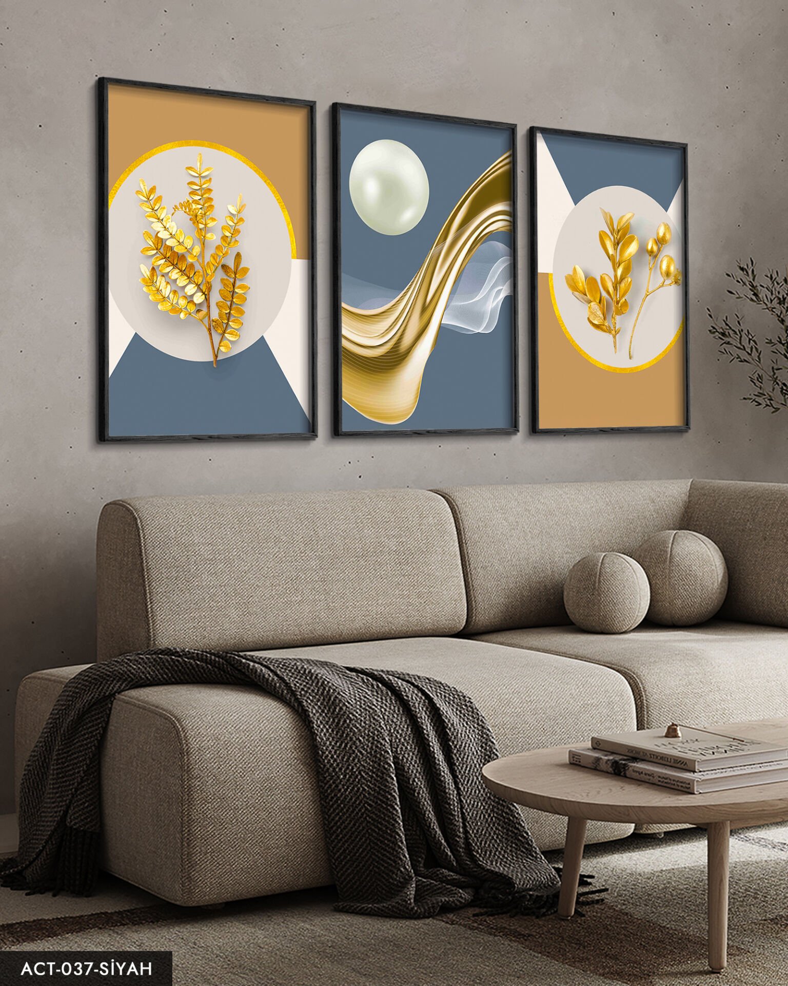 Gold Desenler Yaprak Tüy 3 Parça Ahşap Çerçeveli Tablo ACT Siyah - 50 x 70 CM