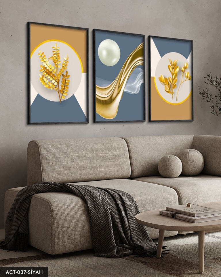 Gold Desenler Yaprak Tüy 3 Parça Ahşap Çerçeveli Tablo ACT Siyah - 50 x 70 CM