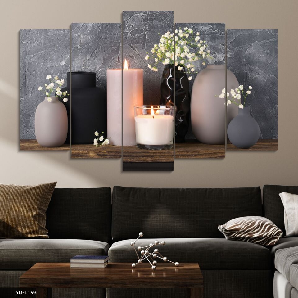 Vazoda Çiçekler Mum 5 Parça Mdf Tablo 60x100 CM