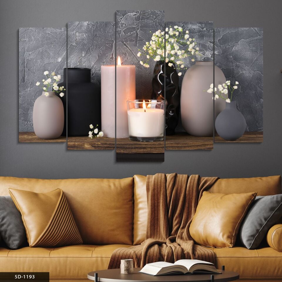 Vazoda Çiçekler Mum 5 Parça Mdf Tablo 60x100 CM
