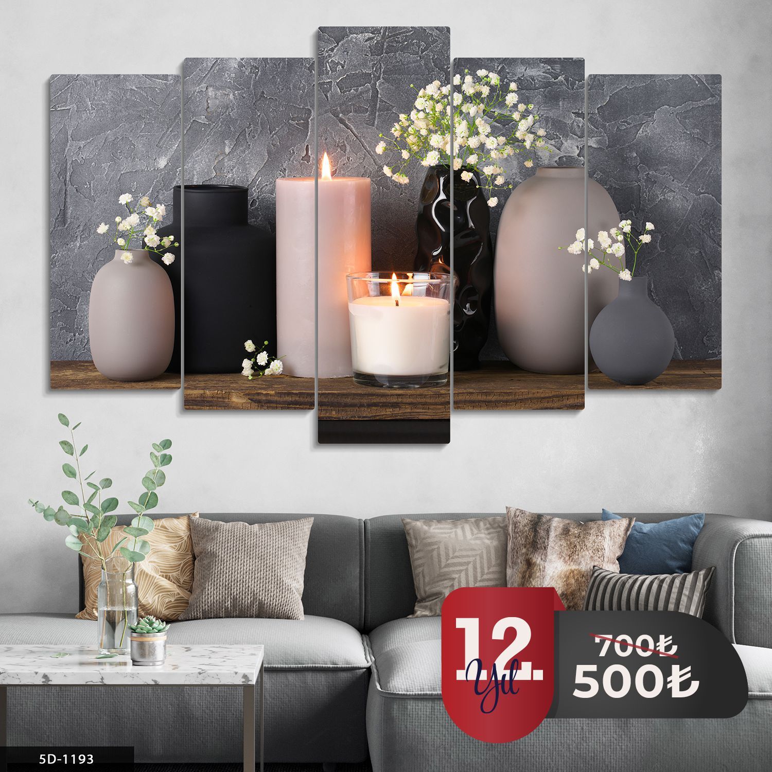 Vazoda Çiçekler Mum 5 Parça Mdf Tablo 60x100 CM