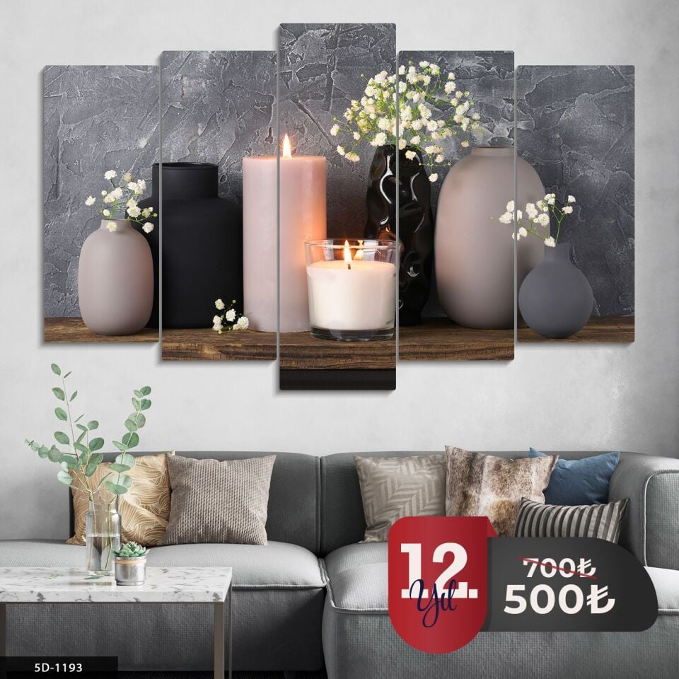 Vazoda Çiçekler Mum 5 Parça Mdf Tablo 60x100 CM