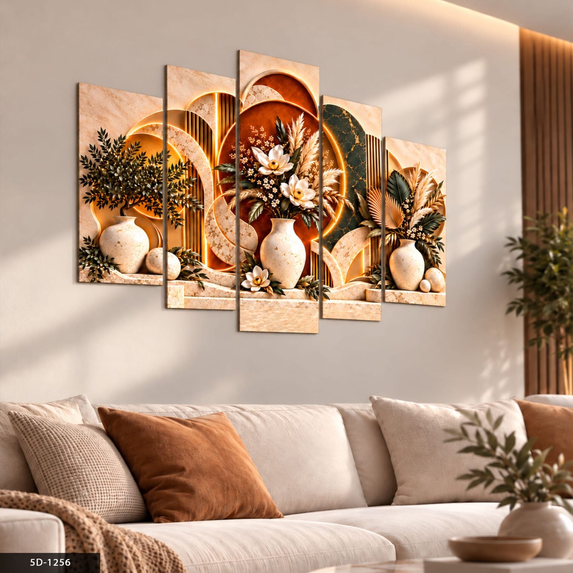 Boho Tarzda Vazoda Çiçekler 5 Parçalı MDF Tablo