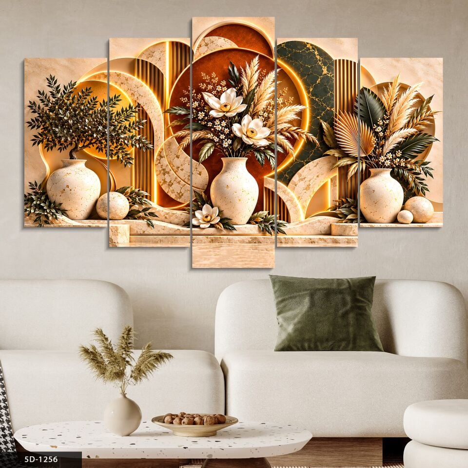 Boho Tarzda Vazoda Çiçekler 5 Parçalı MDF Tablo
