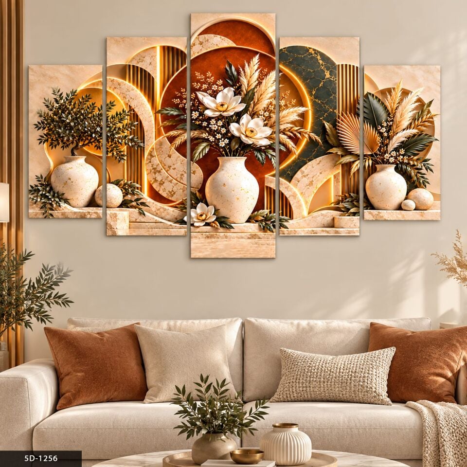 Boho Tarzda Vazoda Çiçekler 5 Parçalı MDF Tablo