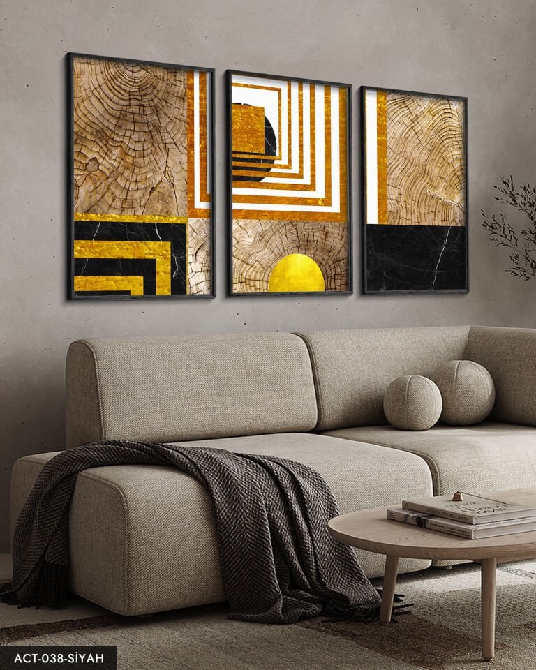 Soyut Sanatsal Desen 3 Parça Ahşap Çerçeveli Tablo ACT Siyah - 50 x 70 CM