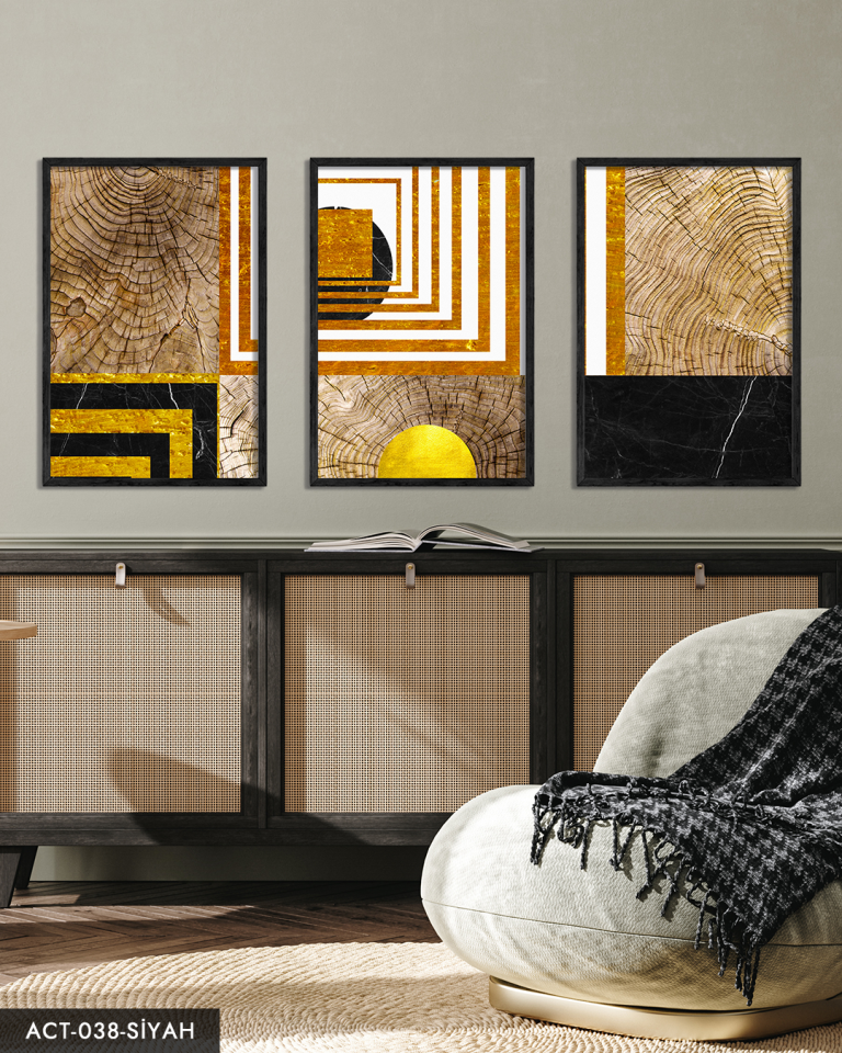 Soyut Sanatsal Desen 3 Parça Ahşap Çerçeveli Tablo ACT Siyah - 50 x 70 CM