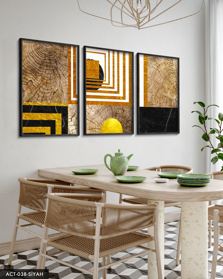 Soyut Sanatsal Desen 3 Parça Ahşap Çerçeveli Tablo ACT Siyah - 50 x 70 CM