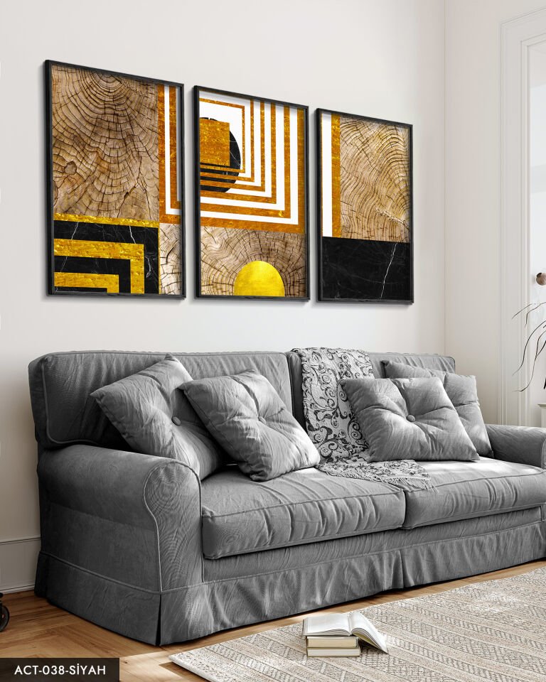 Soyut Sanatsal Desen 3 Parça Ahşap Çerçeveli Tablo ACT Siyah - 50 x 70 CM