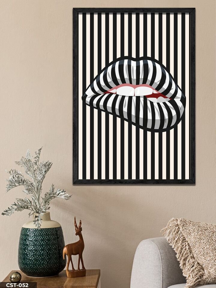 Çizgili Dudak Tek Parça Ahşap Çerçeveli Tablo Siyah - 40 x 60 CM