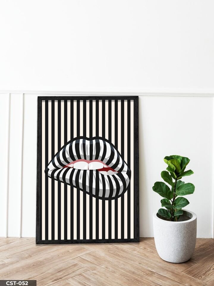 Çizgili Dudak Tek Parça Ahşap Çerçeveli Tablo Siyah - 40 x 60 CM