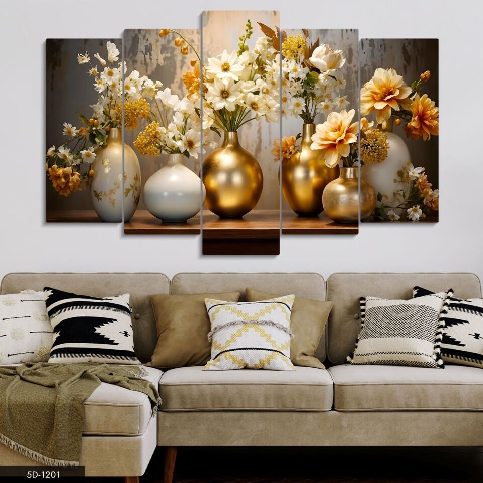 Gold Vazoda Çiçekler 5 Parça Mdf Tablo 60x100 CM