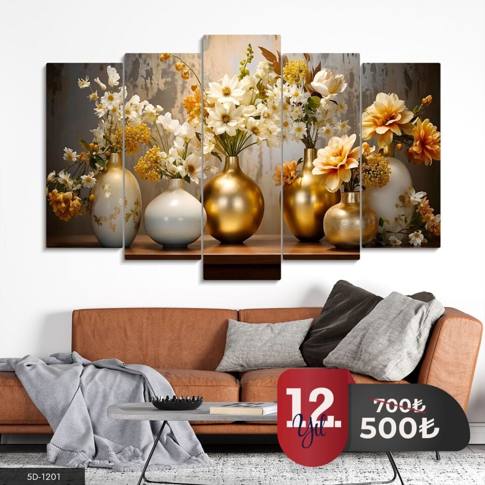 Gold Vazoda Çiçekler 5 Parça Mdf Tablo 60x100 CM