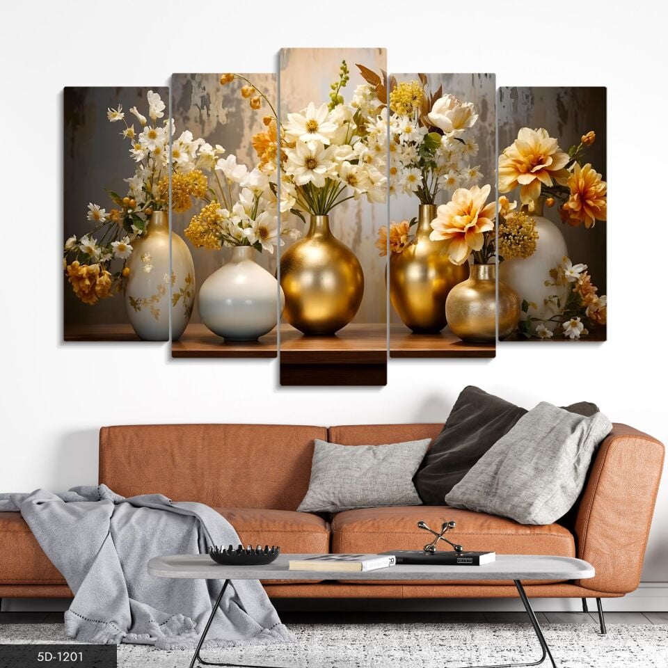 Gold Vazoda Çiçekler 5 Parça Mdf Tablo 60x100 CM