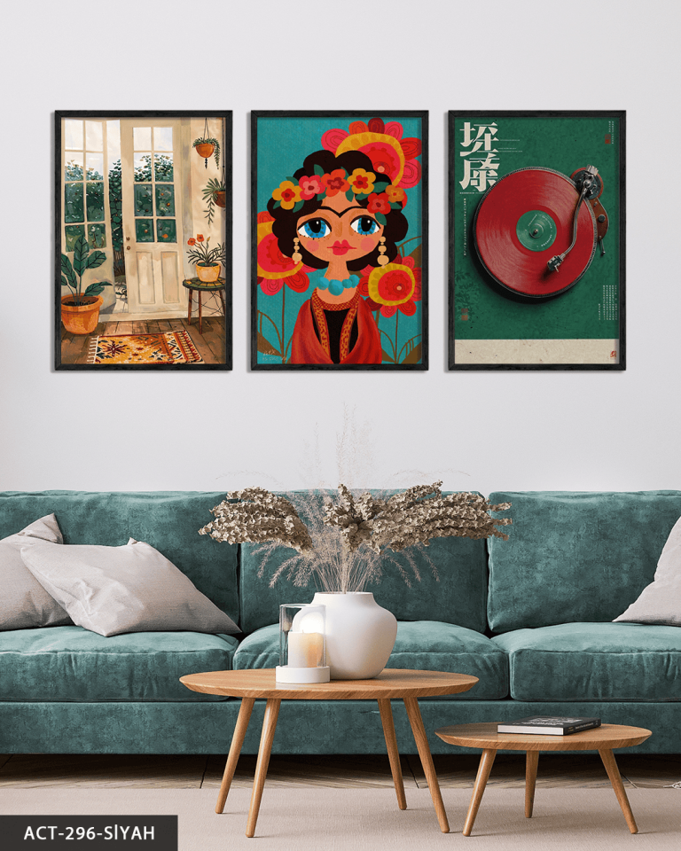 Frida Kahlo Temalı 3 Parça Ahşap Çerçeveli Tablo ACT Siyah - 50 x 70 CM
