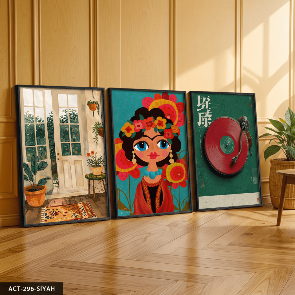 Frida Kahlo Temalı 3 Parça Ahşap Çerçeveli Tablo ACT Siyah - 50 x 70 CM