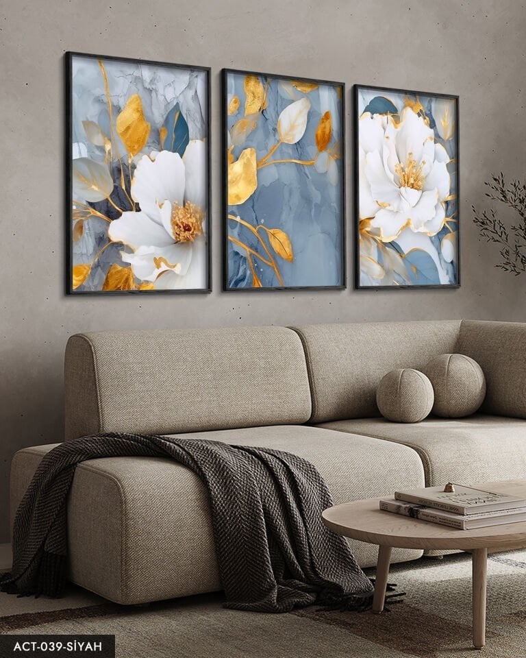 Mavi Renk Çiçekler 3 Parça Ahşap Çerçeveli Tablo ACT Siyah - 50 x 70 CM